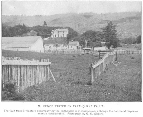 Photo of a fence offset by fault slip on the San Andreas during the 1906 San Francisco earthquake