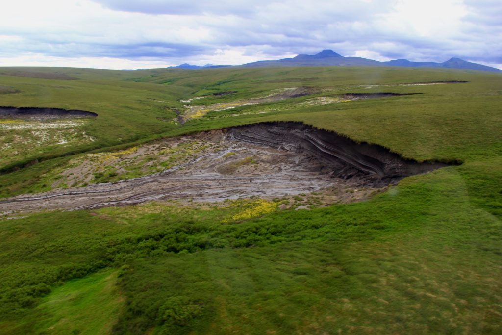 Thaw slump showing the laminations, or horizontal lines below the plant cover, of permafrost soil. Exposed layers show modern soil formed during the Holocene (~11,000 years until present) down to aged soils formed in the Pleistocene (~2.5 million years until ~11,000 years ago). 