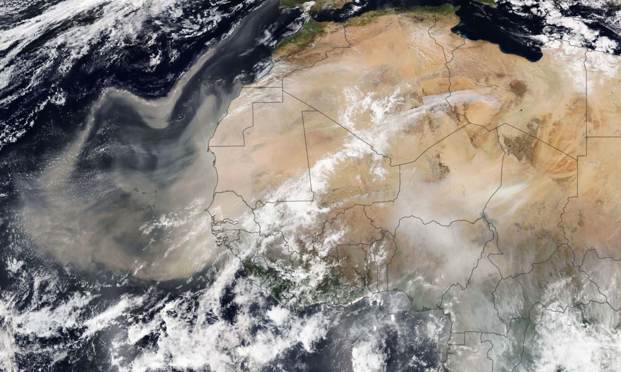 Satellite image showing plume of dust drifting from north Africa