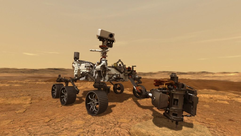 Mars Perseverance Rover with sampling arm extended, on a simulated Martian background.